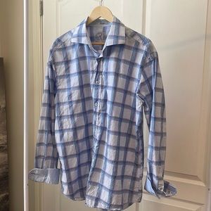 Mens Bugatchi XL Shaped Fit long sleeved light blue with plaid stripes.
